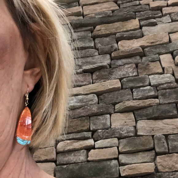 Navajo Turquoise & Shell Slab Drop Boho Earrings - Picture 2 of 2